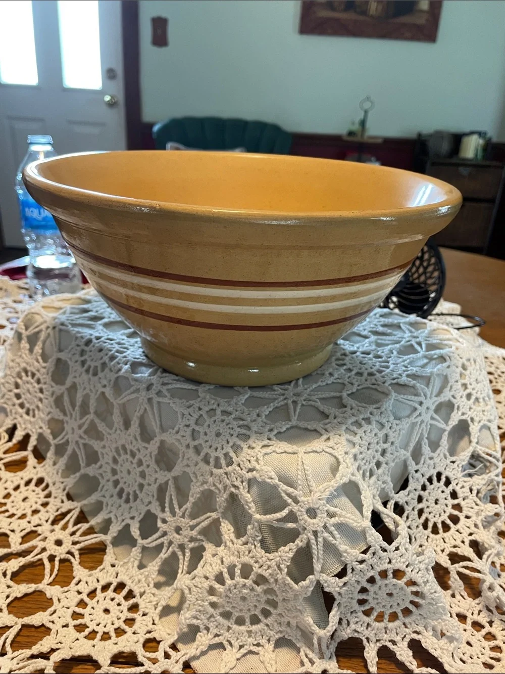 Yellow Stoneware Mixing Bowl with Decorative Stripes
